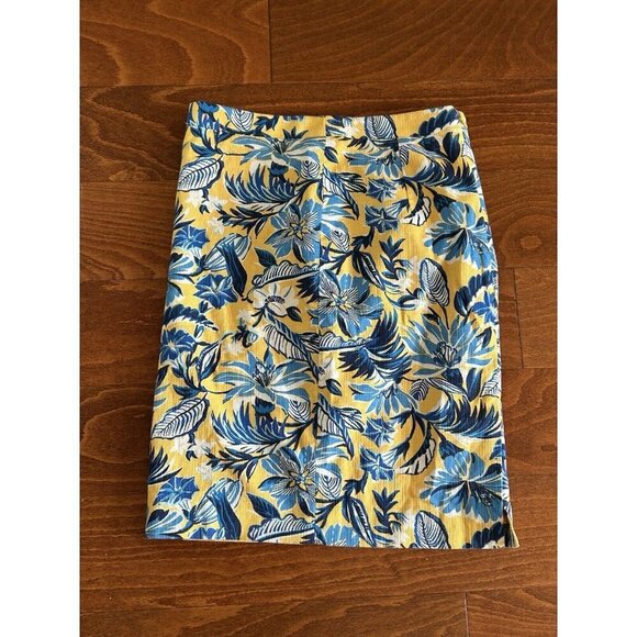 J Crew Printed Basketweave Pencil Skirt Knee Length Zip Yellow Blue Floral 0 - Picture 7 of 7